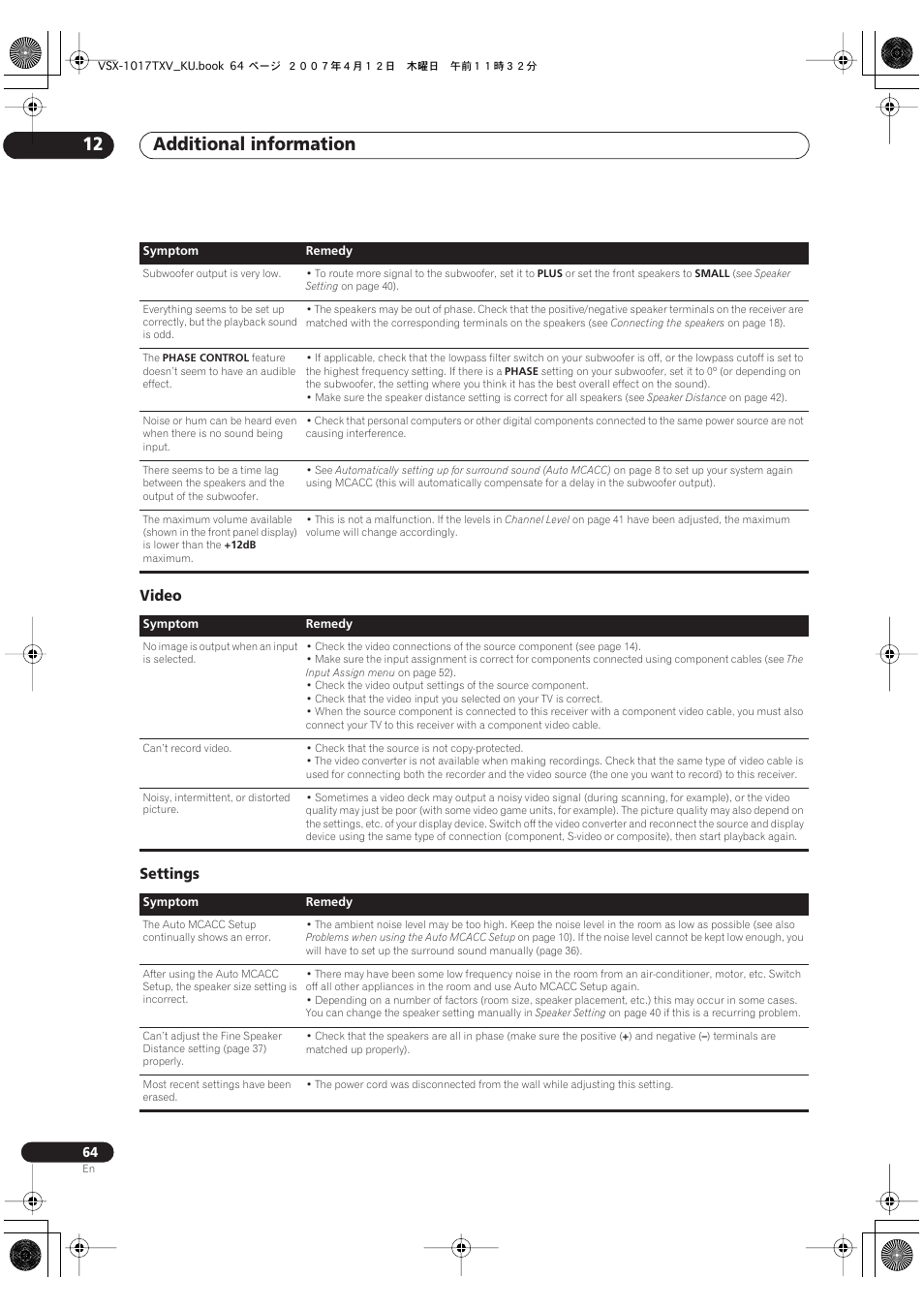 Video settings, Additional information 12 | Pioneer VSX1017TXV User Manual | Page 64 / 74