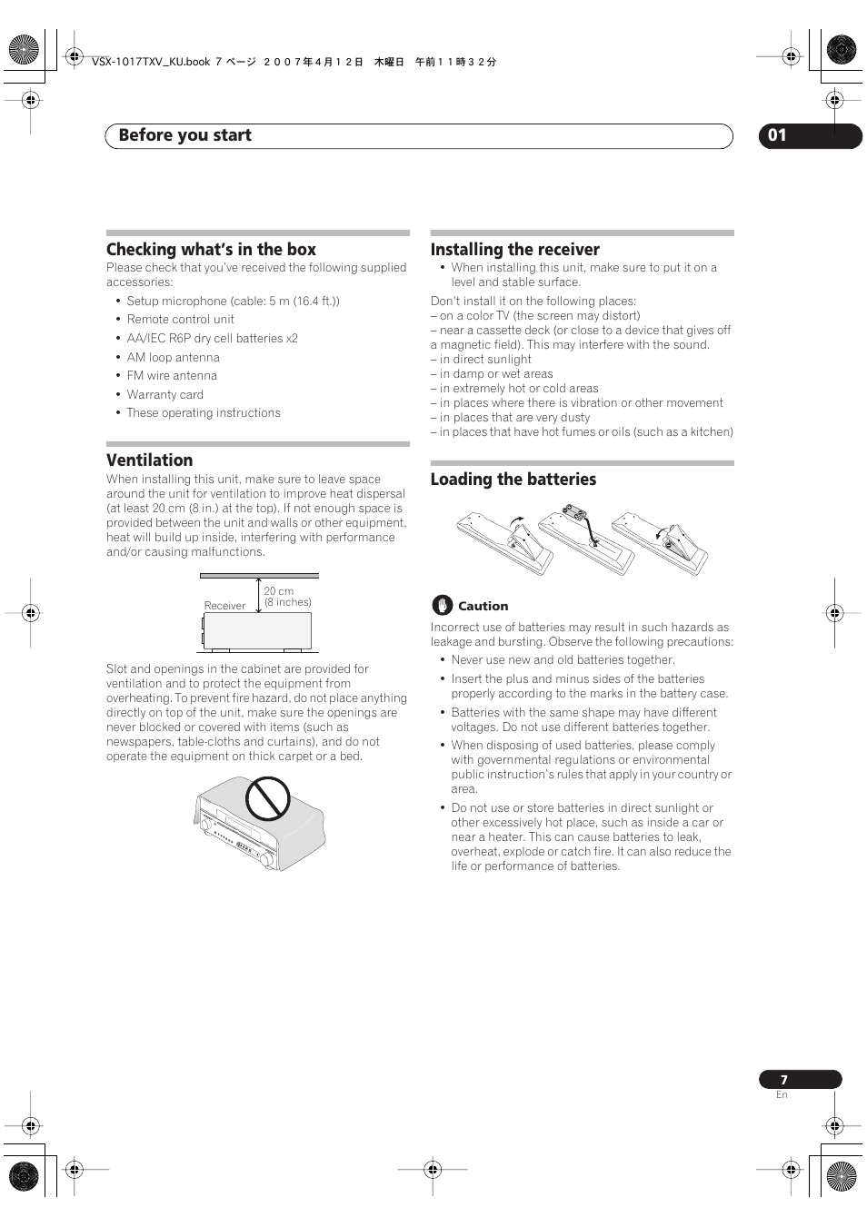 Before you start 01, Checking what’s in the box, Ventilation | Installing the receiver, Loading the batteries | Pioneer VSX1017TXV User Manual | Page 7 / 74