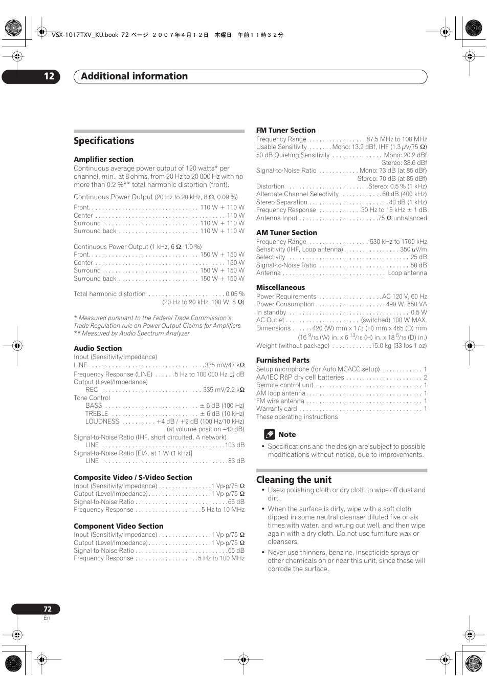 Specifications cleaning the unit, Additional information 12, Specifications | Cleaning the unit | Pioneer VSX1017TXV User Manual | Page 72 / 74