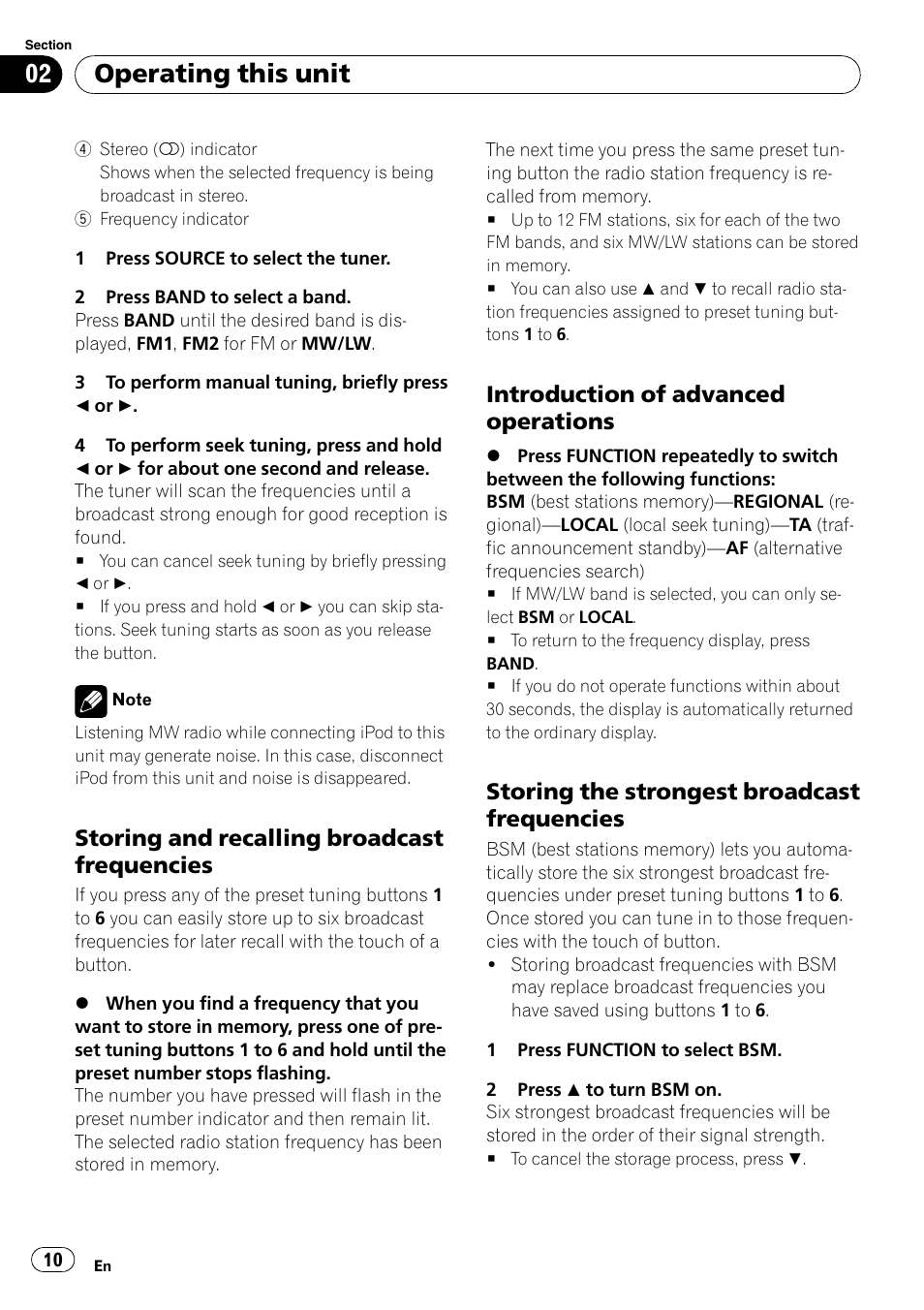 Storing and recalling broadcast, Frequencies, Introduction of advanced | Operations, Storing the strongest broadcast, Operating this unit, Storing and recalling broadcast frequencies, Introduction of advanced operations, Storing the strongest broadcast frequencies | Pioneer DEH-P4900IB User Manual | Page 10 / 81