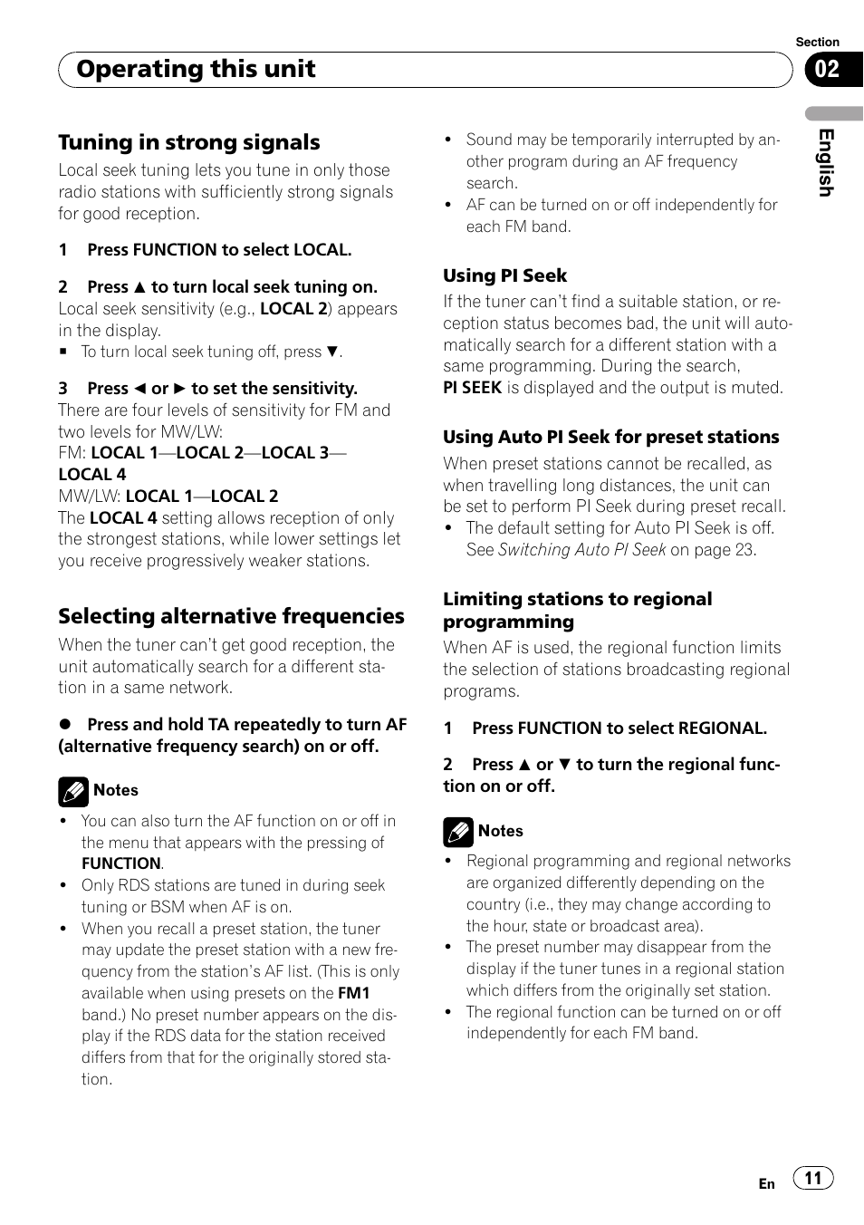 Tuning in strong signals 11, Selecting alternative frequencies 11, Operating this unit | Tuning in strong signals, Selecting alternative frequencies | Pioneer DEH-P4900IB User Manual | Page 11 / 81