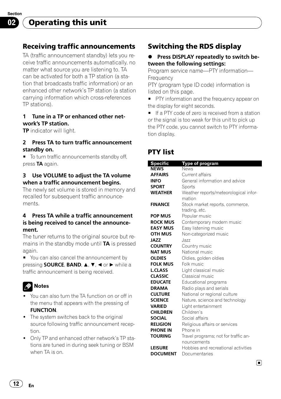 Receiving traffic announcements 12, Switching the rds display 12, Pty list 12 | Operating this unit, Receiving traffic announcements, Switching the rds display, Pty list | Pioneer DEH-P4900IB User Manual | Page 12 / 81