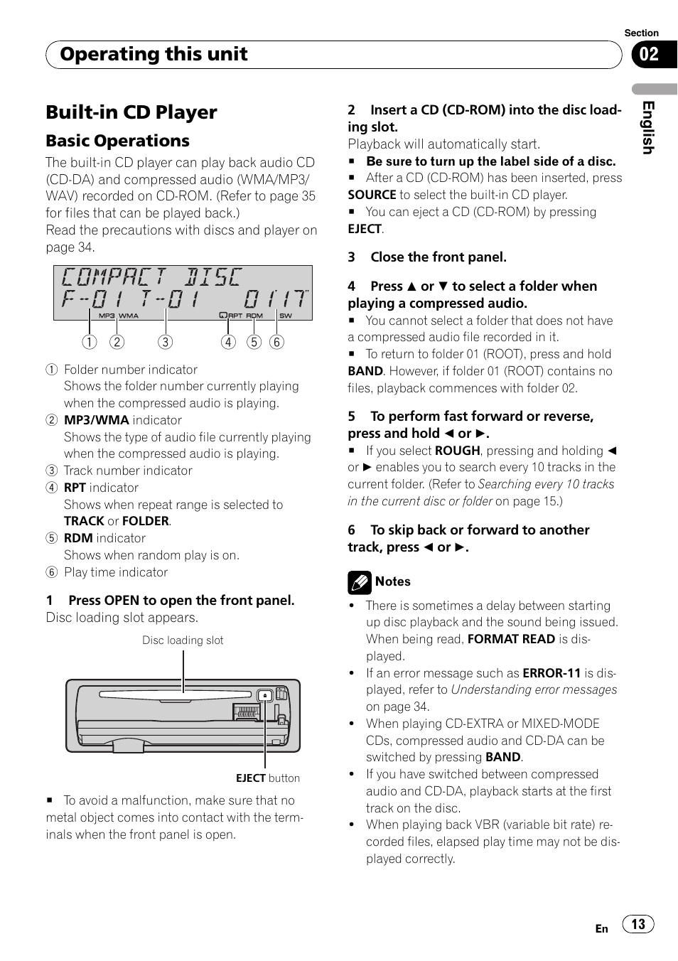 Built-in cd player, Basic operations 13, Operating this unit | Basic operations | Pioneer DEH-P4900IB User Manual | Page 13 / 81