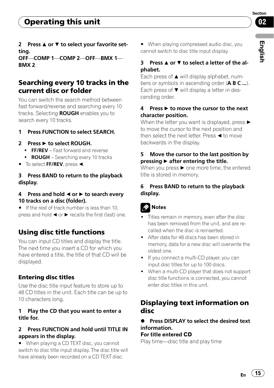 Searching every 10 tracks in the current, Disc or folder, Using disc title functions 15 | Displaying text information on disc 15, Operating this unit, Using disc title functions, Displaying text information on disc | Pioneer DEH-P4900IB User Manual | Page 15 / 81