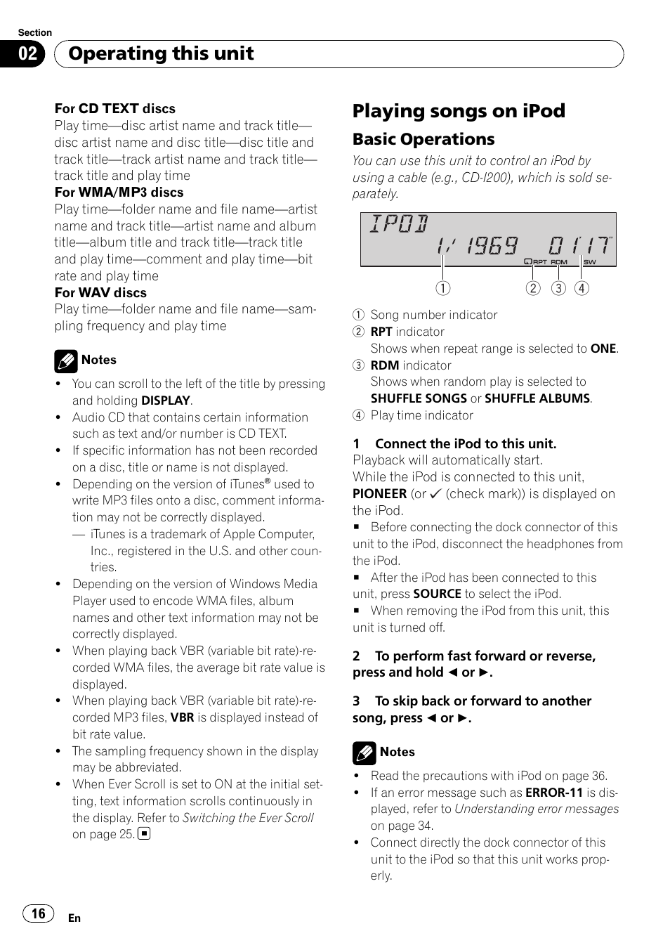 Playing songs on ipod, Basic operations 16, Operating this unit | Basic operations | Pioneer DEH-P4900IB User Manual | Page 16 / 81