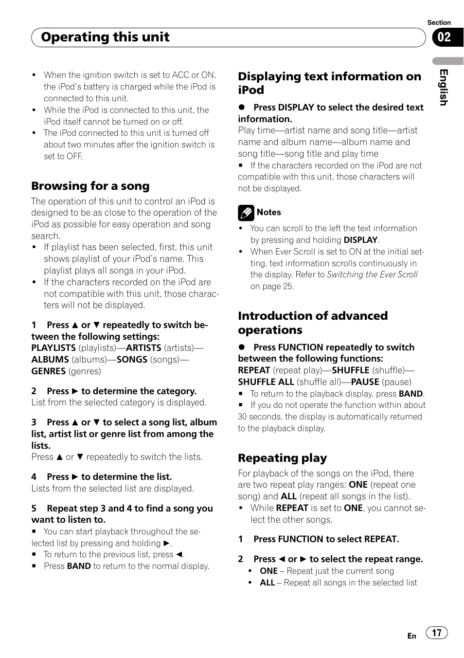 Browsing for a song 17, Displaying text information on, Ipod | Introduction of advanced, Operations, Repeating play 17, Operating this unit, Browsing for a song, Displaying text information on ipod, Introduction of advanced operations | Pioneer DEH-P4900IB User Manual | Page 17 / 81