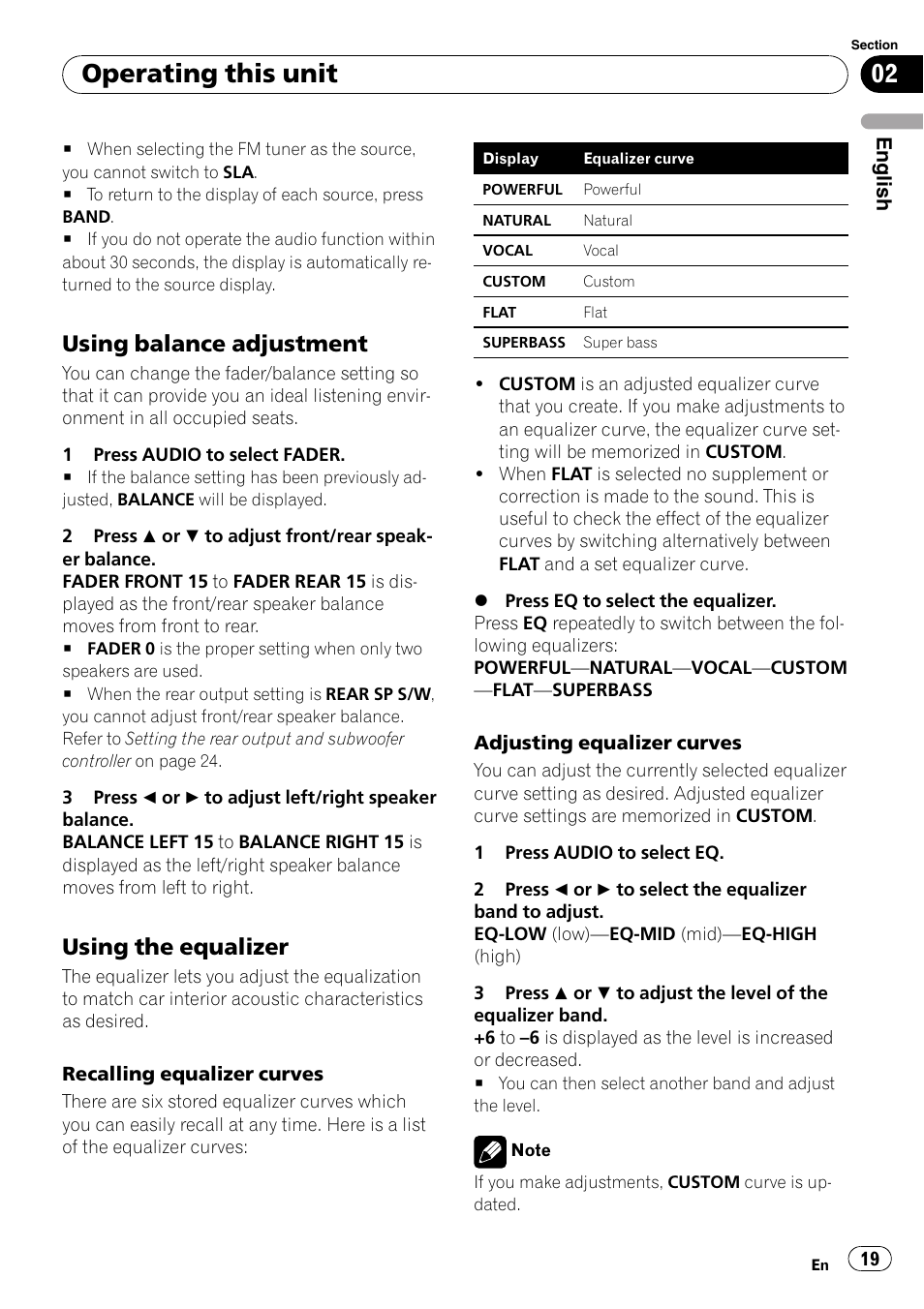 Using balance adjustment 19, Using the equalizer 19, Operating this unit | Using balance adjustment, Using the equalizer | Pioneer DEH-P4900IB User Manual | Page 19 / 81