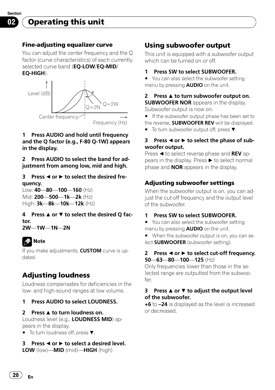 Adjusting loudness 20, Using subwoofer output 20, Operating this unit | Adjusting loudness, Using subwoofer output | Pioneer DEH-P4900IB User Manual | Page 20 / 81