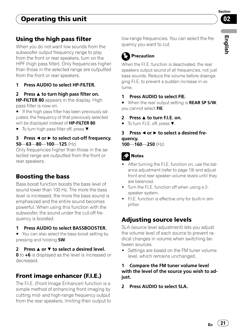 Using the high pass filter 21, Boosting the bass 21, Front image enhancer (f.i.e.) 21 | Adjusting source levels 21, Operating this unit, Using the high pass filter, Boosting the bass, Front image enhancer (f.i.e.), Adjusting source levels | Pioneer DEH-P4900IB User Manual | Page 21 / 81