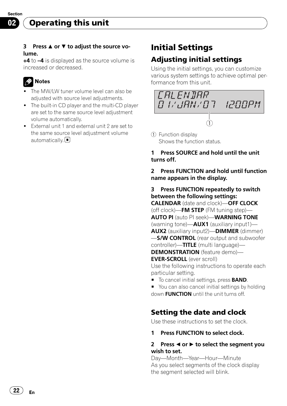 Initial settings, Adjusting initial settings 22, Setting the date and clock 22 | Operating this unit, Adjusting initial settings, Setting the date and clock | Pioneer DEH-P4900IB User Manual | Page 22 / 81