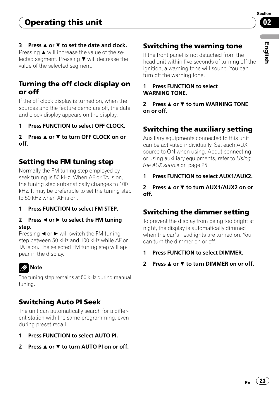 Turning the off clock display on or, Setting the fm tuning step 23, Switching auto pi seek 23 | Switching the warning tone 23, Switching the auxiliary setting 23, Switching the dimmer setting 23, Operating this unit | Pioneer DEH-P4900IB User Manual | Page 23 / 81