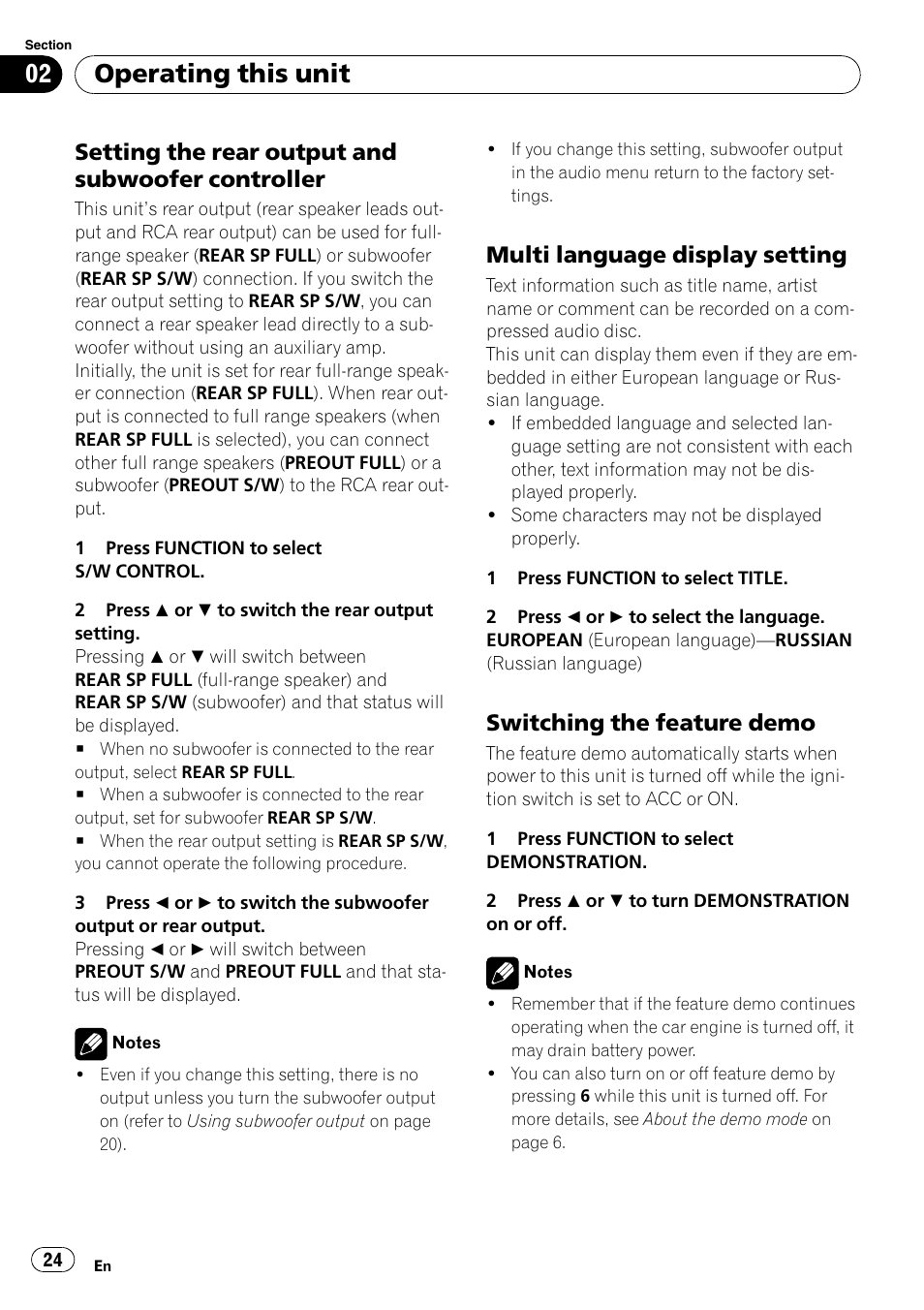 Setting the rear output and subwoofer, Controller, Multi language display setting 24 | Switching the feature demo 24, Operating this unit, Setting the rear output and subwoofer controller, Multi language display setting, Switching the feature demo | Pioneer DEH-P4900IB User Manual | Page 24 / 81