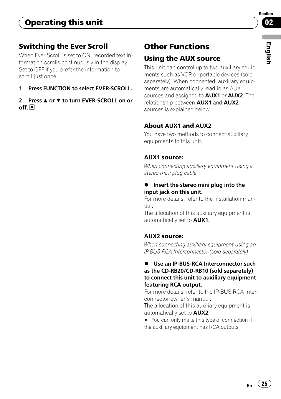 Switching the ever scroll 25, Other functions, Using the aux source 25 | Operating this unit | Pioneer DEH-P4900IB User Manual | Page 25 / 81