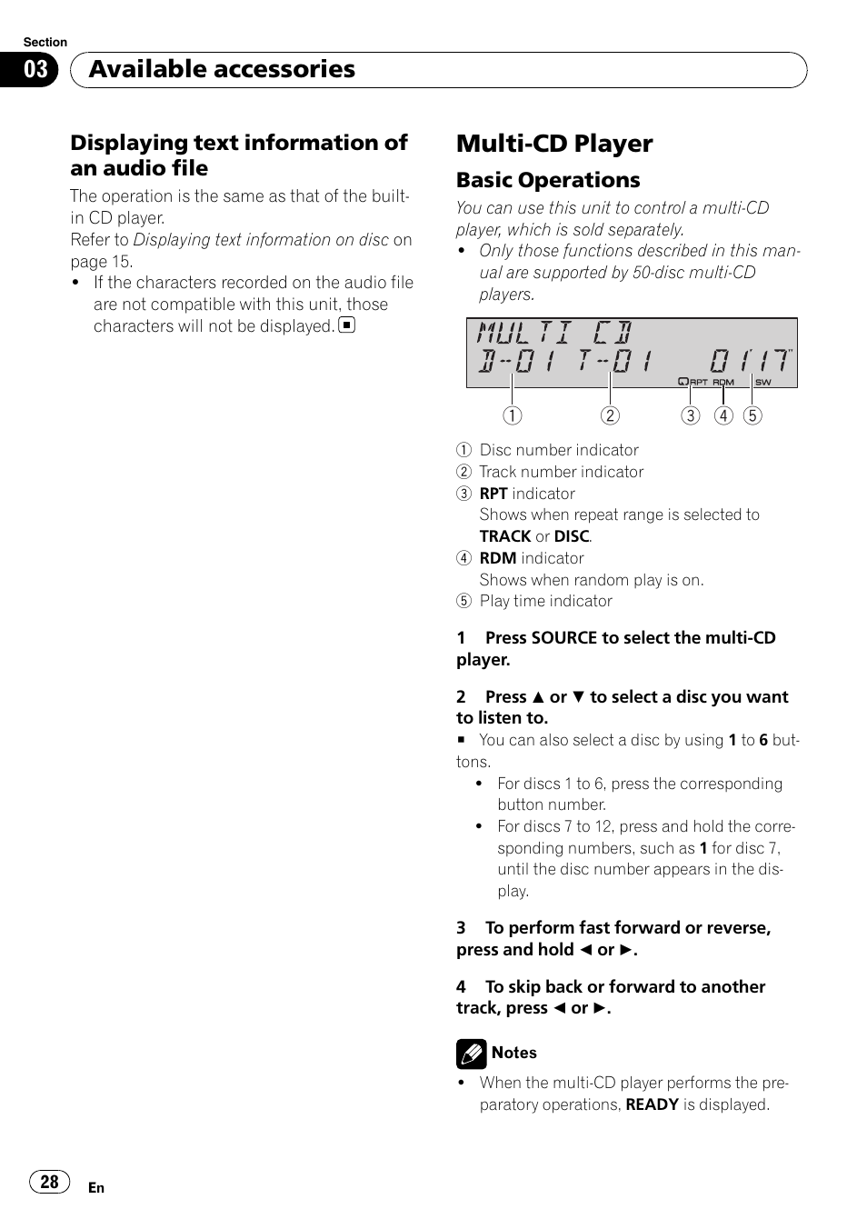Displaying text information of an audio, File, Multi-cd player | Basic operations 28, Available accessories, Displaying text information of an audio file, Basic operations | Pioneer DEH-P4900IB User Manual | Page 28 / 81