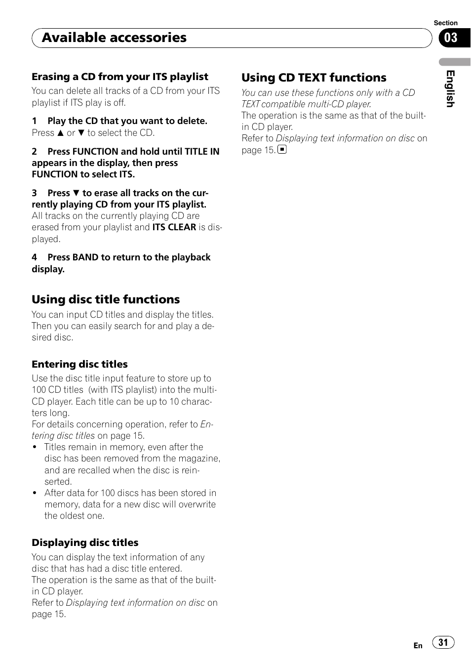 Using disc title functions 31, Using cd text functions 31, Available accessories | Pioneer DEH-P4900IB User Manual | Page 31 / 81