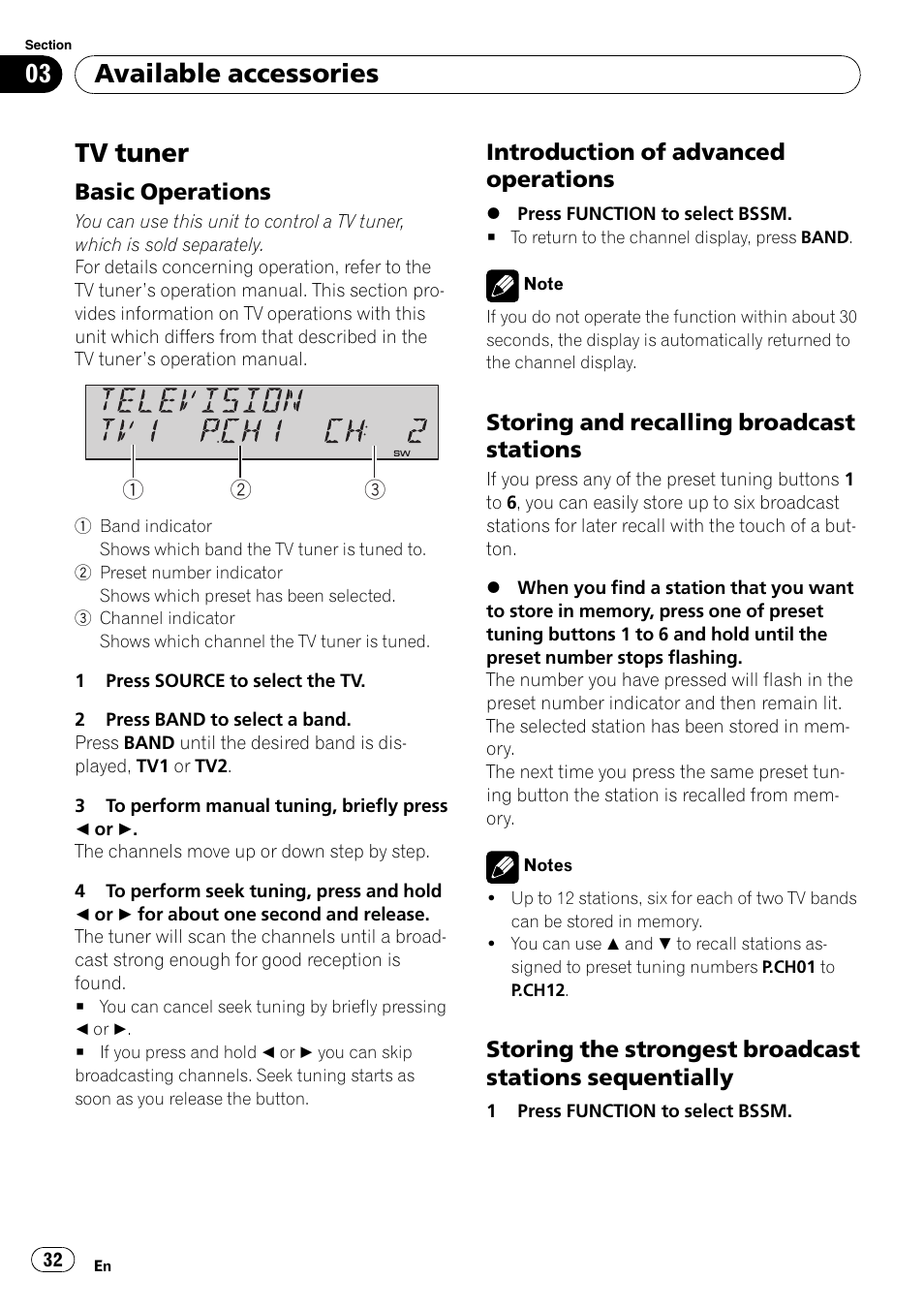 Tv tuner, Basic operations 32, Introduction of advanced | Operations, Storing and recalling broadcast, Stations, Storing the strongest broadcast, Stations sequentially, Available accessories, Basic operations | Pioneer DEH-P4900IB User Manual | Page 32 / 81