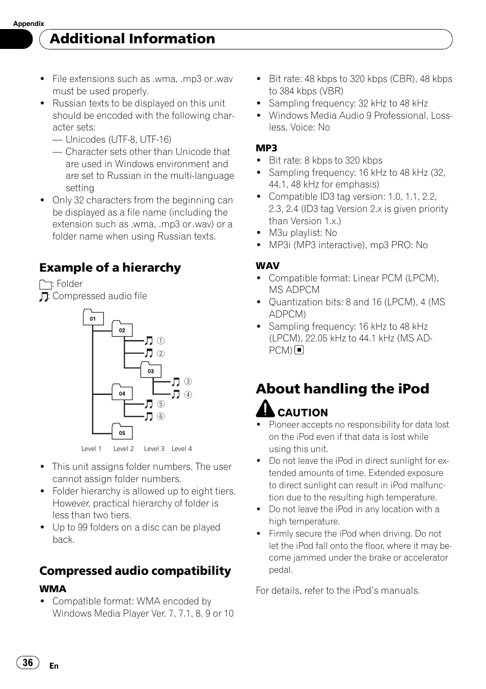 Example of a hierarchy 36, Compressed audio compatibility 36, About handling the ipod | Additional information, Example of a hierarchy, Compressed audio compatibility | Pioneer DEH-P4900IB User Manual | Page 36 / 81