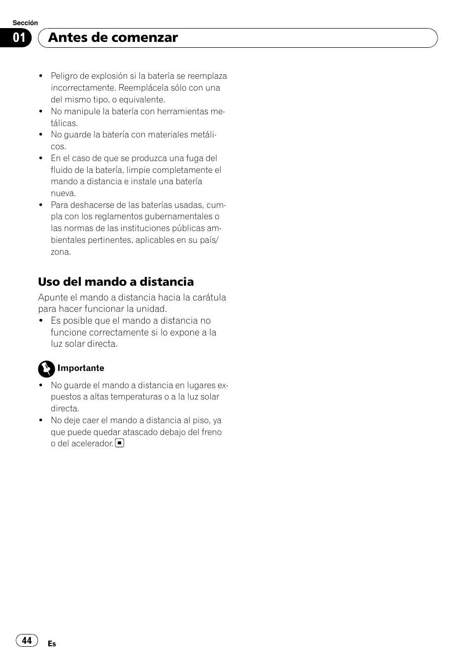 Uso del mando a distancia 44, Antes de comenzar, Uso del mando a distancia | Pioneer DEH-P4900IB User Manual | Page 44 / 81