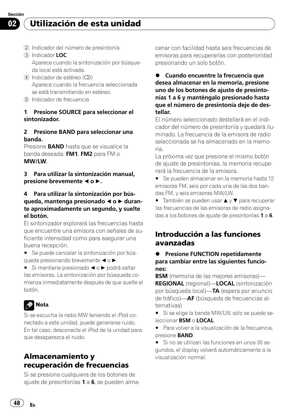 Almacenamiento y recuperación de, Frecuencias, Introducción a las funciones | Avanzadas, Utilización de esta unidad, Almacenamiento y recuperación de frecuencias, Introducción a las funciones avanzadas | Pioneer DEH-P4900IB User Manual | Page 48 / 81
