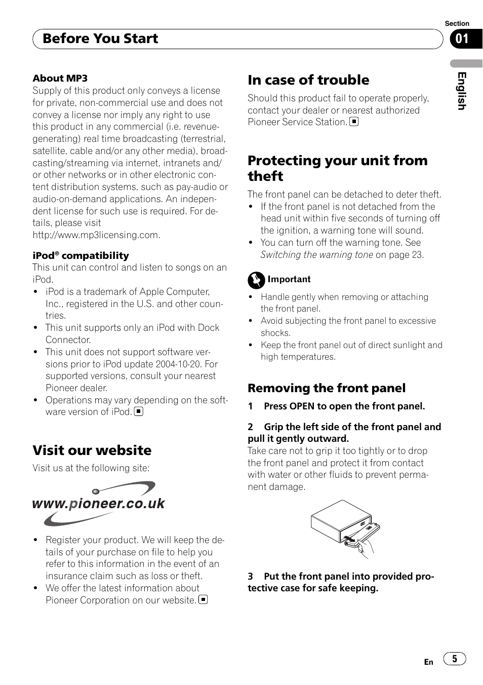 Visit our website, In case of trouble, Protecting your unit from theft | Removing the front panel 5, Before you start, Removing the front panel | Pioneer DEH-P4900IB User Manual | Page 5 / 81