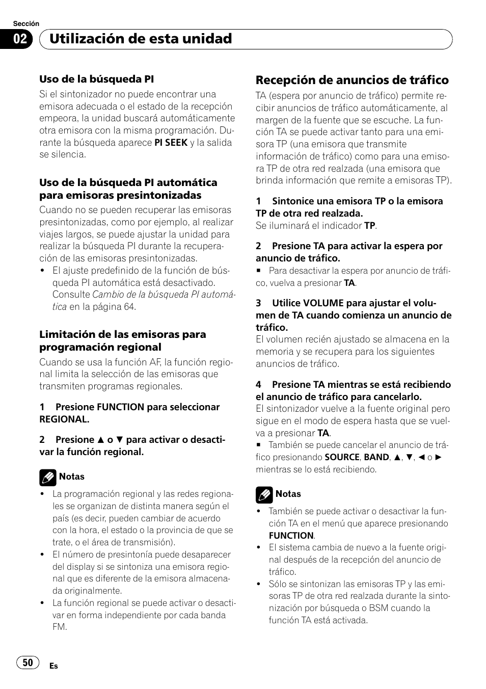 Recepción de anuncios de tráfico 50, Utilización de esta unidad, Recepción de anuncios de tráfico | Pioneer DEH-P4900IB User Manual | Page 50 / 81