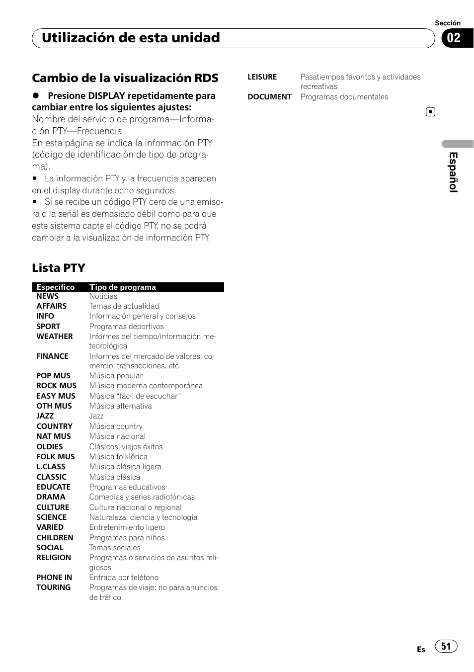 Cambio de la visualización rds 51, Lista pty 51, Utilización de esta unidad | Cambio de la visualización rds, Lista pty, Español | Pioneer DEH-P4900IB User Manual | Page 51 / 81
