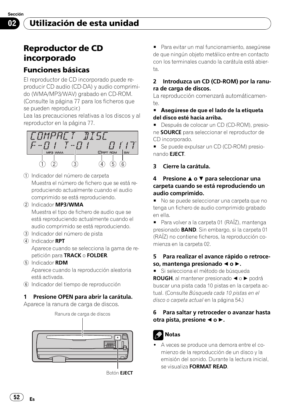 Reproductor de cd incorporado, Funciones básicas 52, Utilización de esta unidad | Funciones básicas | Pioneer DEH-P4900IB User Manual | Page 52 / 81