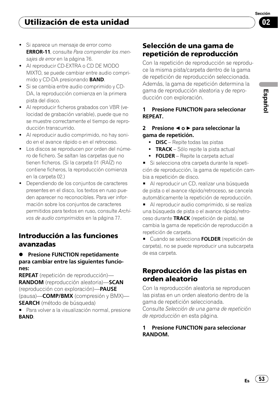 Introducción a las funciones, Avanzadas, Selección de una gama de repetición | De reproducción, Reproducción de las pistas en orden, Aleatorio, Utilización de esta unidad, Introducción a las funciones avanzadas, Reproducción de las pistas en orden aleatorio | Pioneer DEH-P4900IB User Manual | Page 53 / 81
