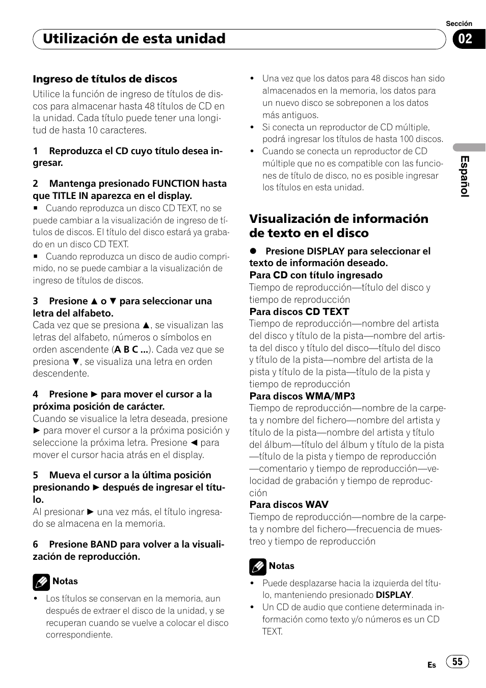 Visualización de información de texto, En el disco, Utilización de esta unidad | Visualización de información de texto en el disco | Pioneer DEH-P4900IB User Manual | Page 55 / 81
