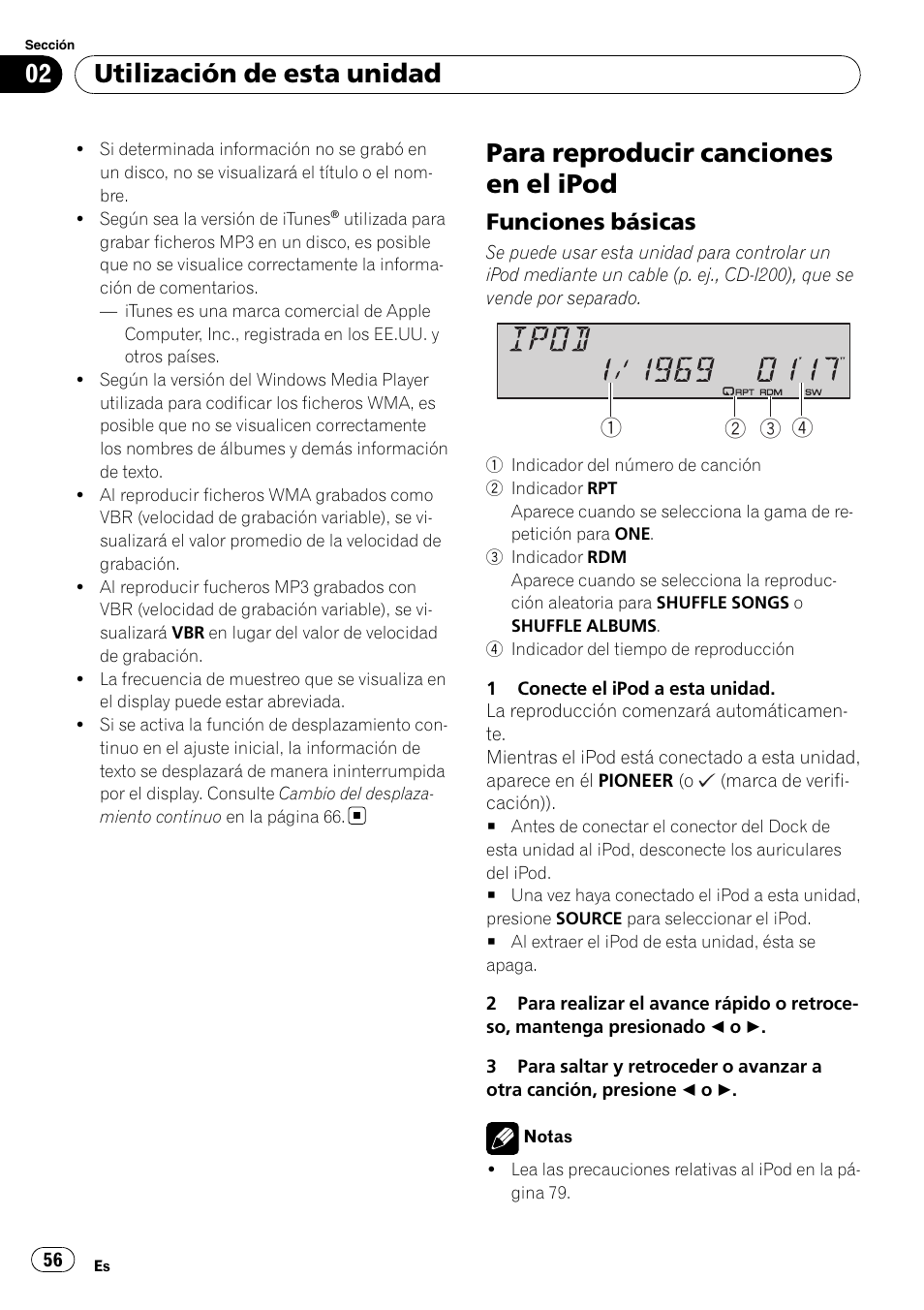 Para reproducir canciones en el ipod, Funciones básicas 56, Utilización de esta unidad | Funciones básicas | Pioneer DEH-P4900IB User Manual | Page 56 / 81