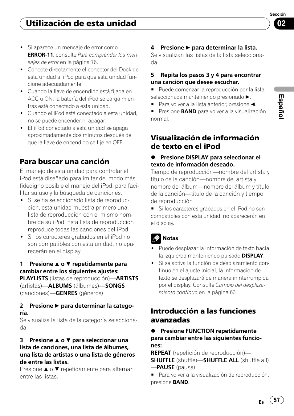 Para buscar una canción 57, Visualización de información de texto, En el ipod | Introducción a las funciones, Avanzadas, Utilización de esta unidad, Para buscar una canción, Visualización de información de texto en el ipod, Introducción a las funciones avanzadas | Pioneer DEH-P4900IB User Manual | Page 57 / 81