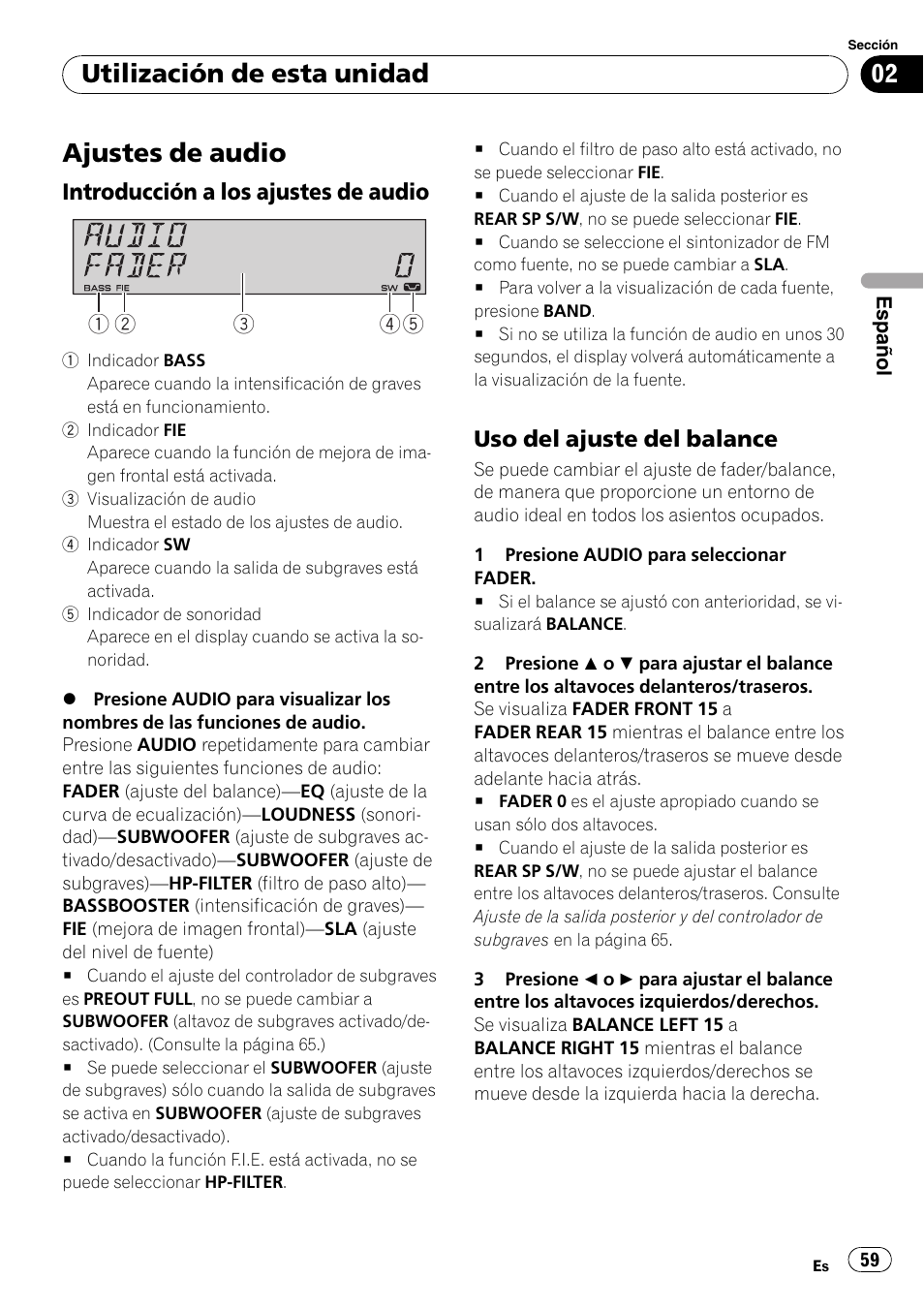 Ajustes de audio, Introducción a los ajustes de audio 59, Uso del ajuste del balance 59 | Utilización de esta unidad, Introducción a los ajustes de audio, Uso del ajuste del balance | Pioneer DEH-P4900IB User Manual | Page 59 / 81