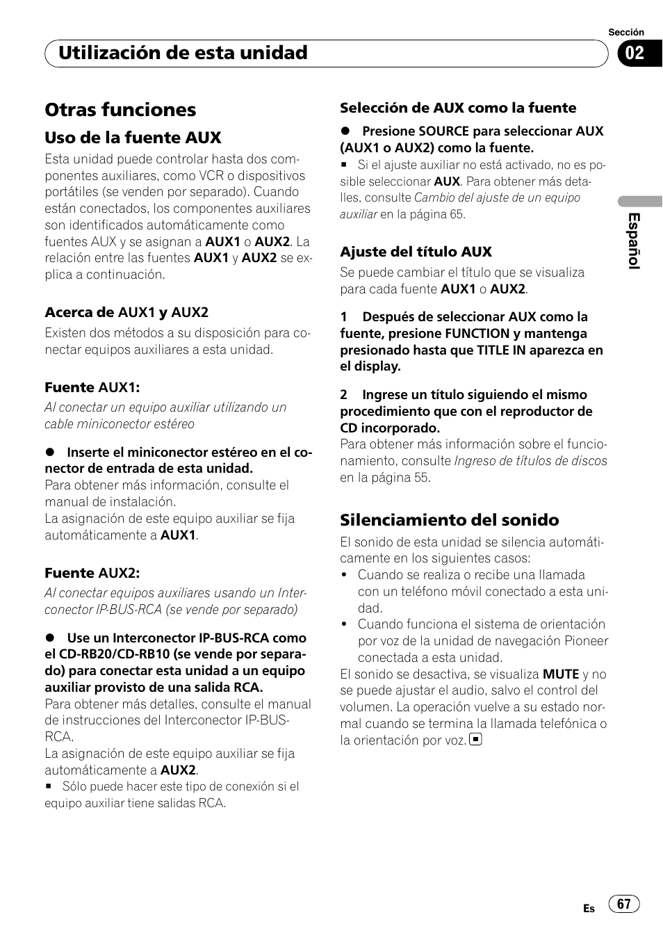 Otras funciones, Uso de la fuente aux 67, Silenciamiento del sonido 67 | Utilización de esta unidad | Pioneer DEH-P4900IB User Manual | Page 67 / 81