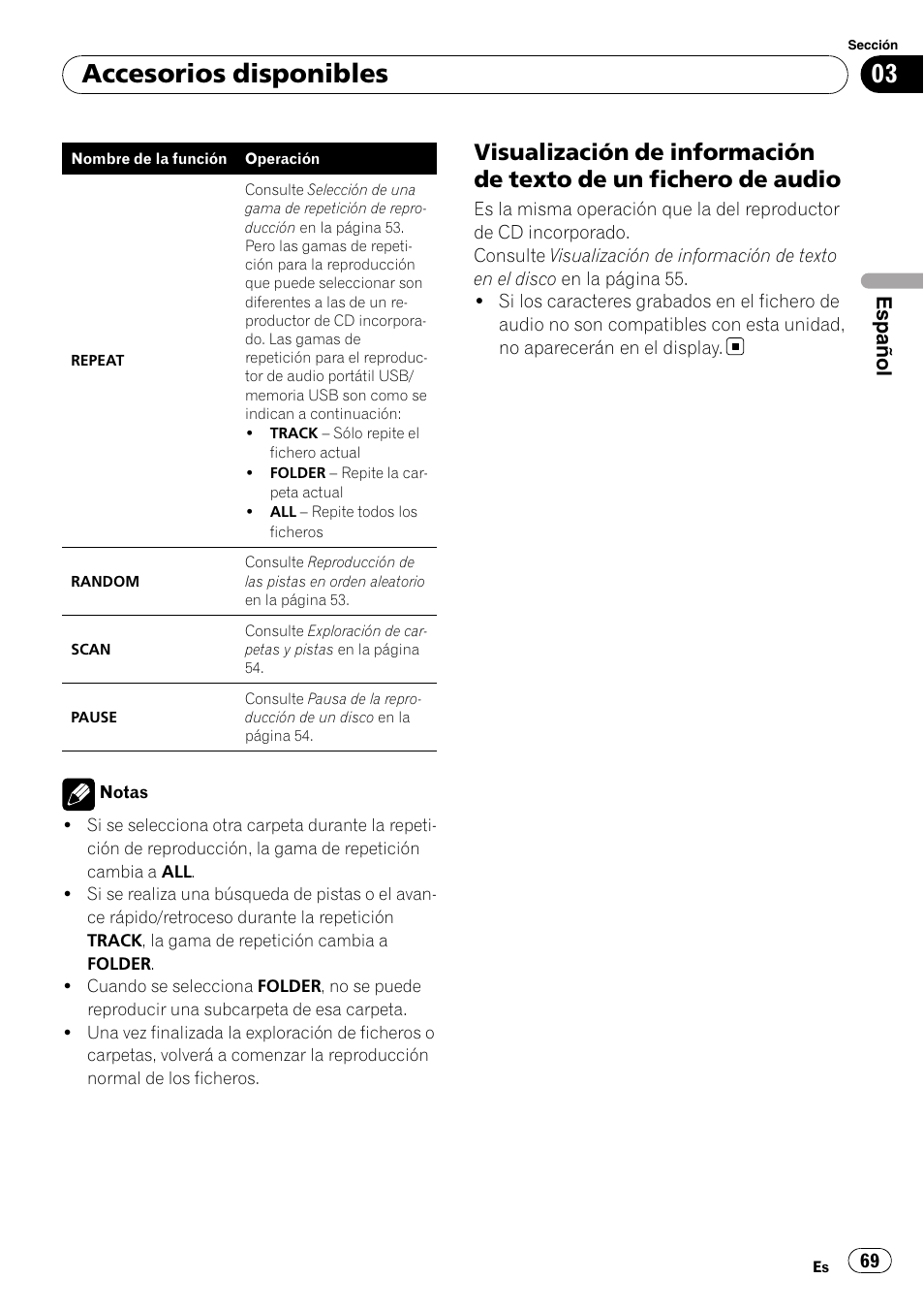 Visualización de información de texto, De un fichero de audio, Accesorios disponibles | Español | Pioneer DEH-P4900IB User Manual | Page 69 / 81
