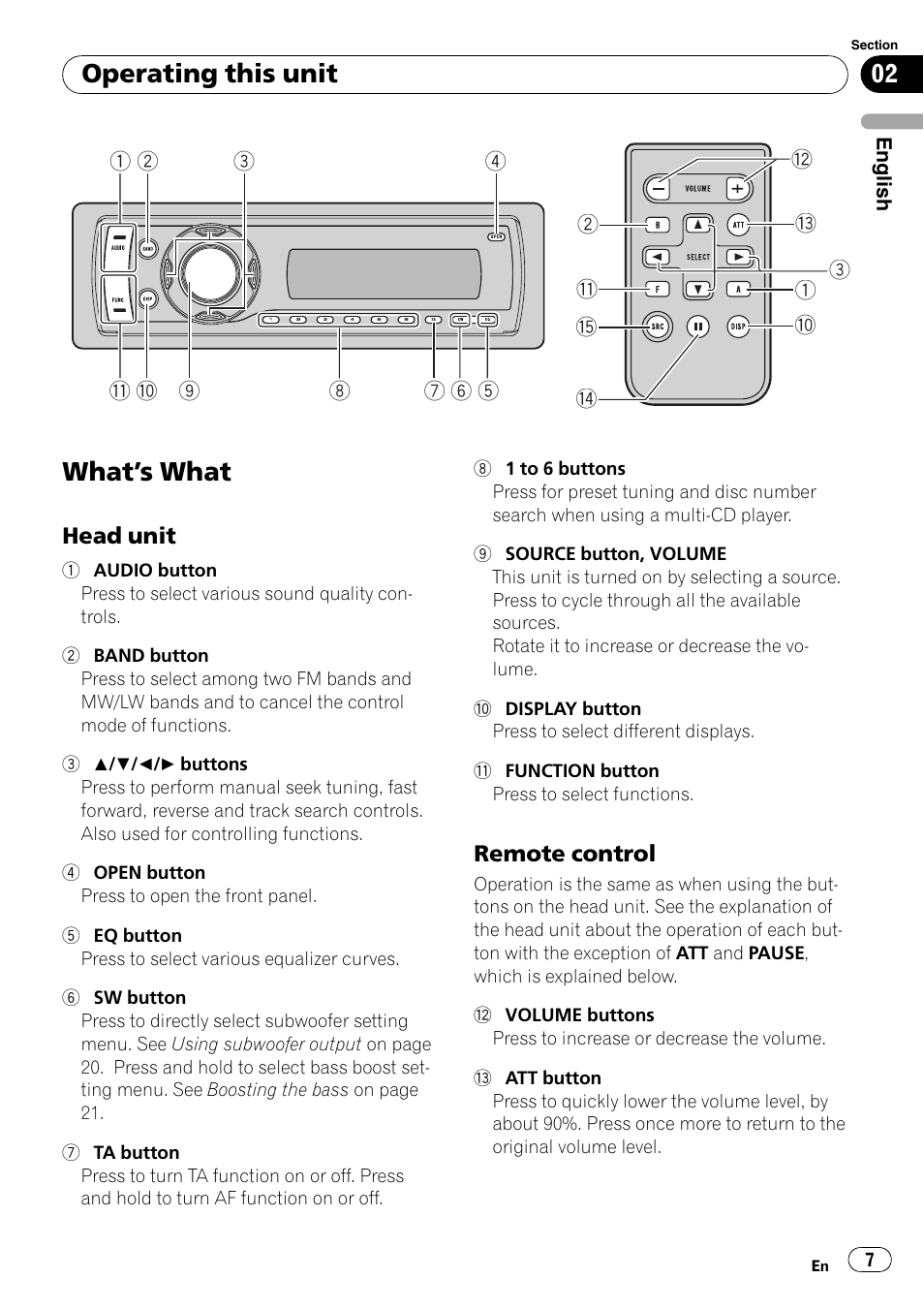 Operating this unit what, S what 7, Head unit 7 | Remote control 7, What ’ s what, Operating this unit | Pioneer DEH-P4900IB User Manual | Page 7 / 81