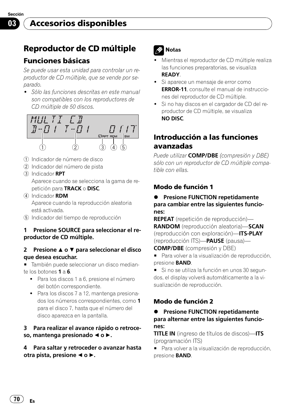 Reproductor de cd múltiple, Funciones básicas 70, Introducción a las funciones | Avanzadas, Accesorios disponibles, Funciones básicas, Introducción a las funciones avanzadas | Pioneer DEH-P4900IB User Manual | Page 70 / 81