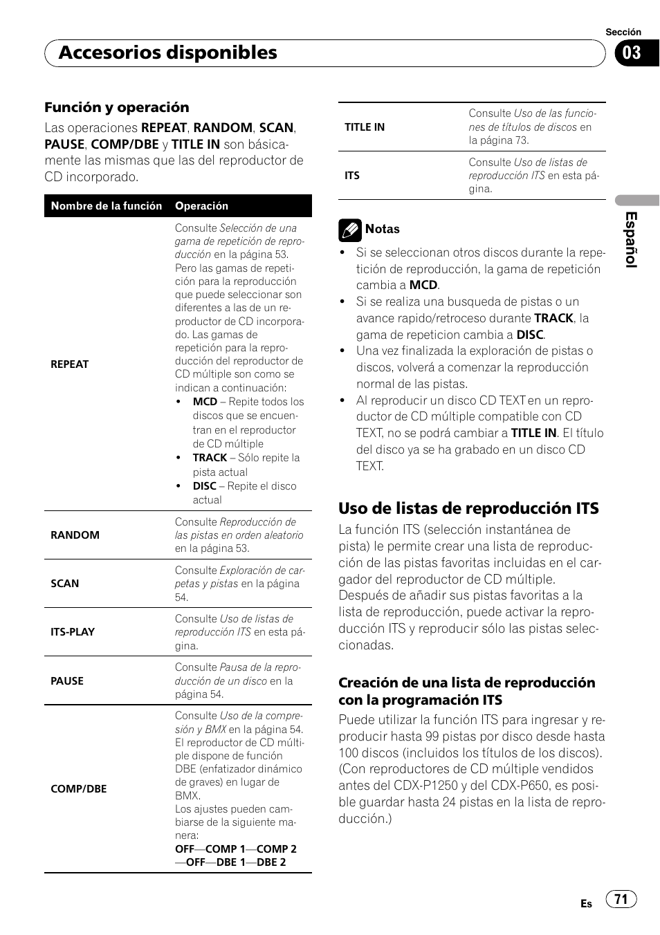 Uso de listas de reproducción its 71, Accesorios disponibles, Uso de listas de reproducción its | Español | Pioneer DEH-P4900IB User Manual | Page 71 / 81