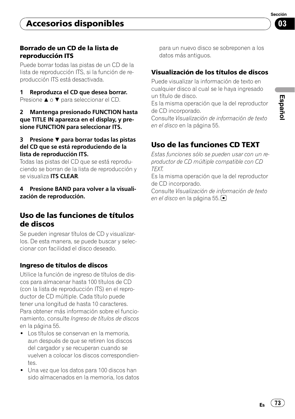 Uso de las funciones de títulos de, Discos, Uso de las funciones cd text 73 | Accesorios disponibles | Pioneer DEH-P4900IB User Manual | Page 73 / 81