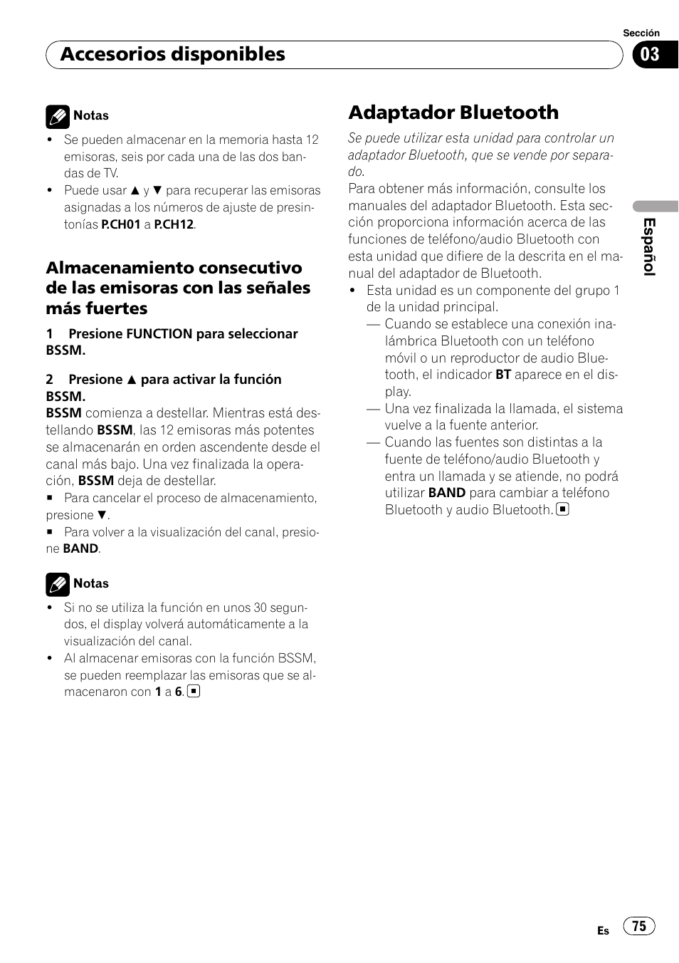 Almacenamiento consecutivo de las, Emisoras con las señales más fuertes, Adaptador bluetooth | Accesorios disponibles | Pioneer DEH-P4900IB User Manual | Page 75 / 81