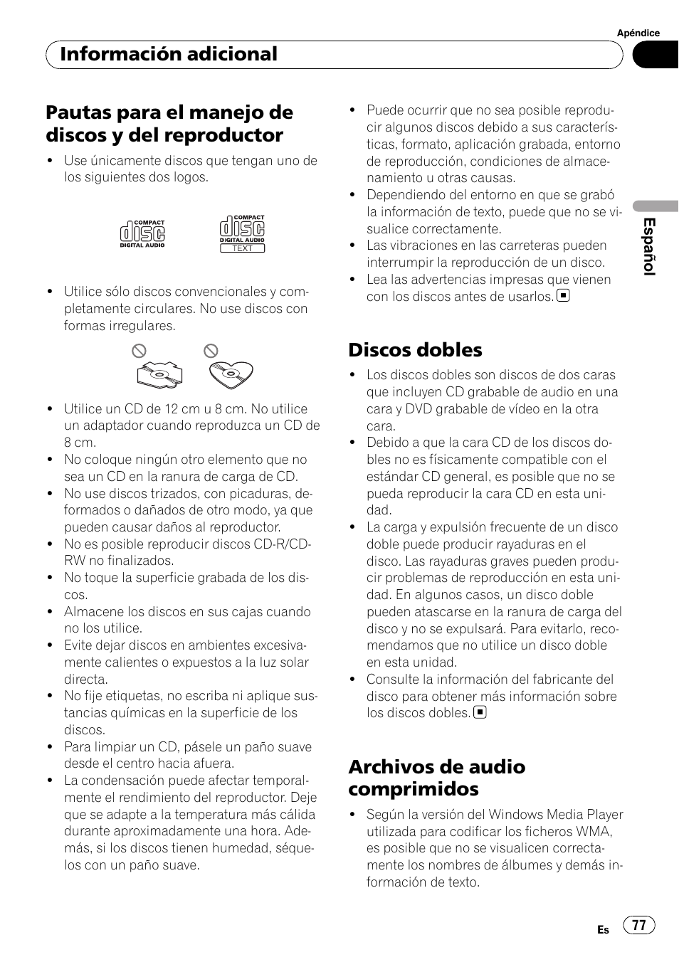 Pautas para el manejo de discos y del, Reproductor, Discos dobles | Archivos de audio comprimidos, Pautas para el manejo de discos y del reproductor, Información adicional | Pioneer DEH-P4900IB User Manual | Page 77 / 81