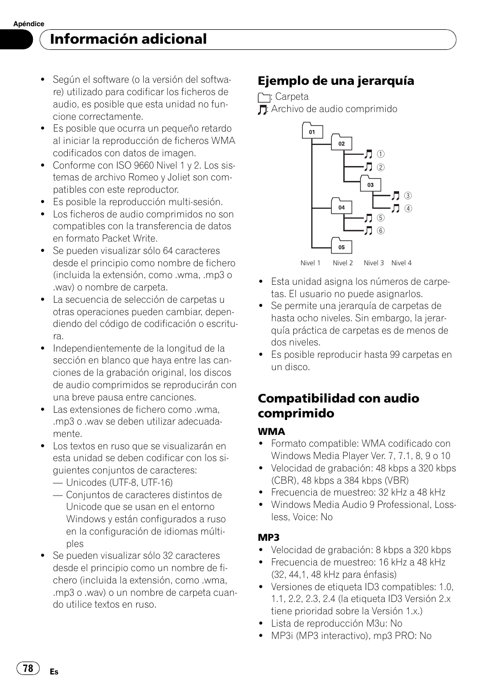 Ejemplo de una jerarquía 78, Compatibilidad con audio, Comprimido | Información adicional, Ejemplo de una jerarquía, Compatibilidad con audio comprimido | Pioneer DEH-P4900IB User Manual | Page 78 / 81