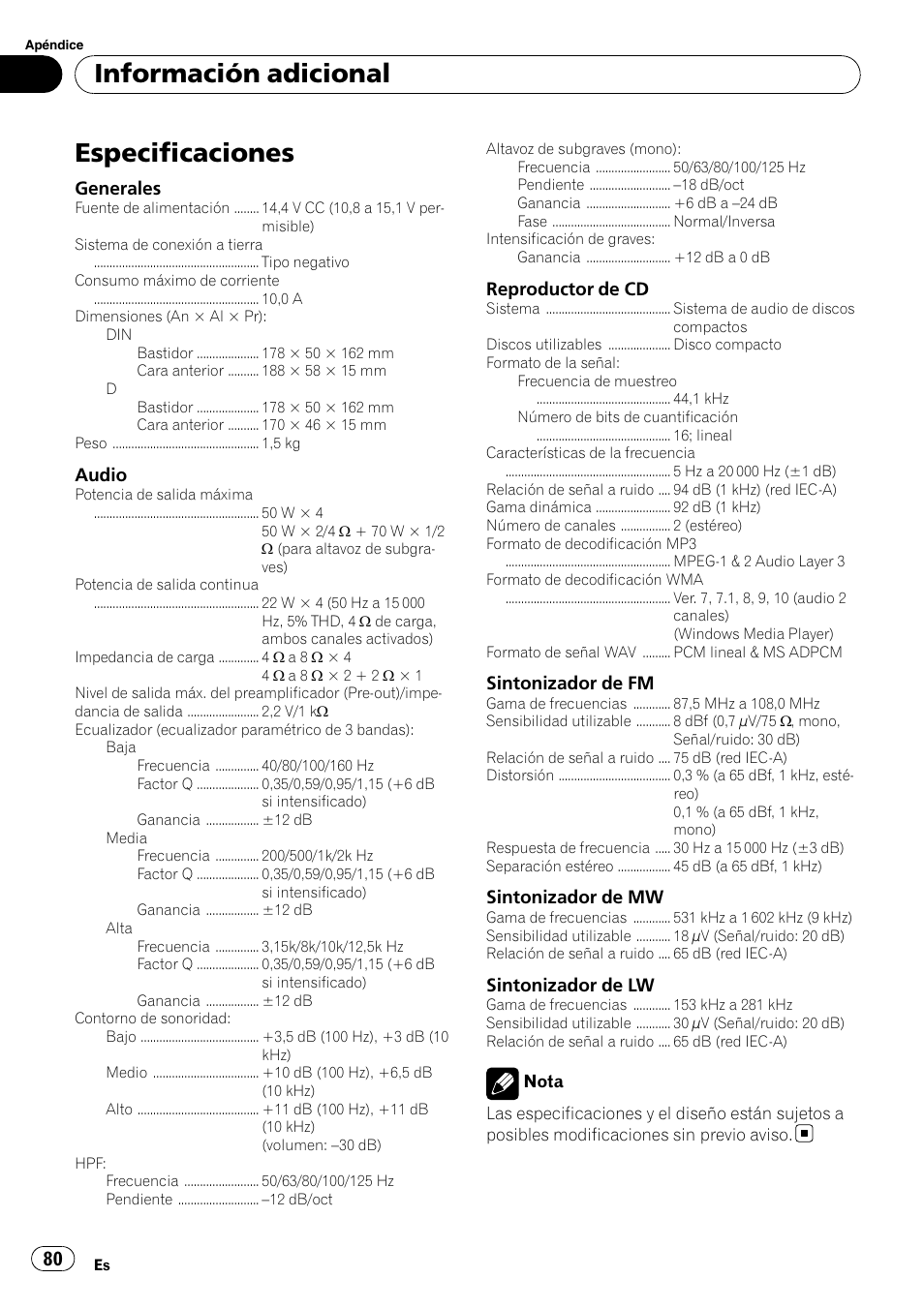 Especificaciones, Información adicional | Pioneer DEH-P4900IB User Manual | Page 80 / 81