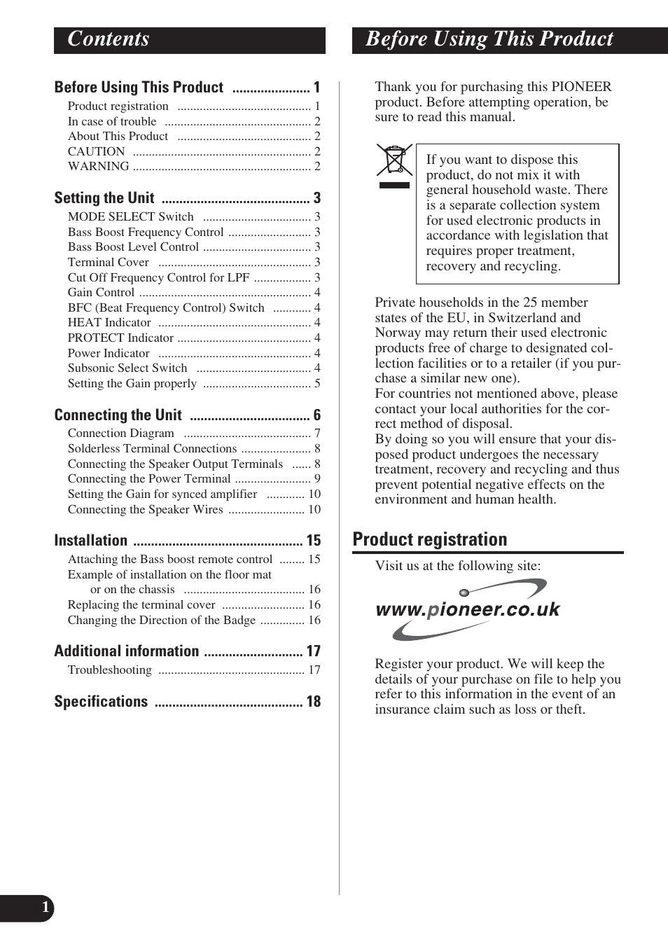 English, Contents before using this product, Product registration | Pioneer D1200SPL User Manual | Page 2 / 128