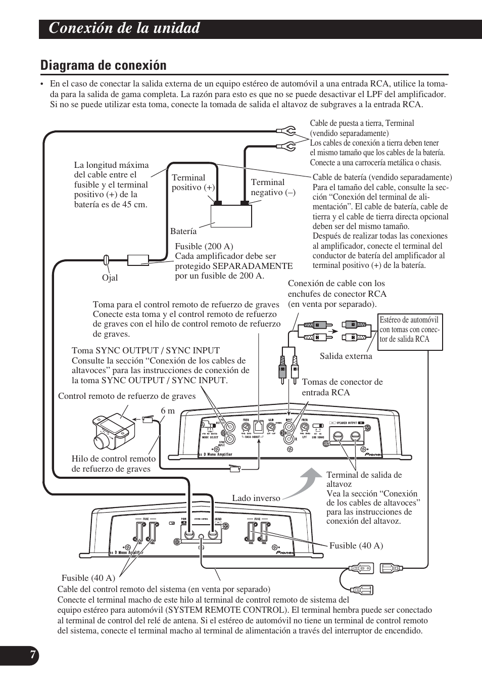 Diagrama de conexión, Conexión de la unidad | Pioneer D1200SPL User Manual | Page 26 / 128