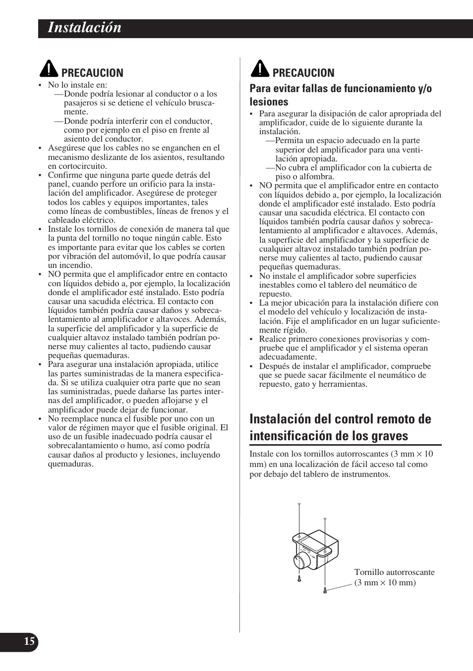 Instalación, Instalación del control remoto de, Intensificación de los graves | Pioneer D1200SPL User Manual | Page 34 / 128