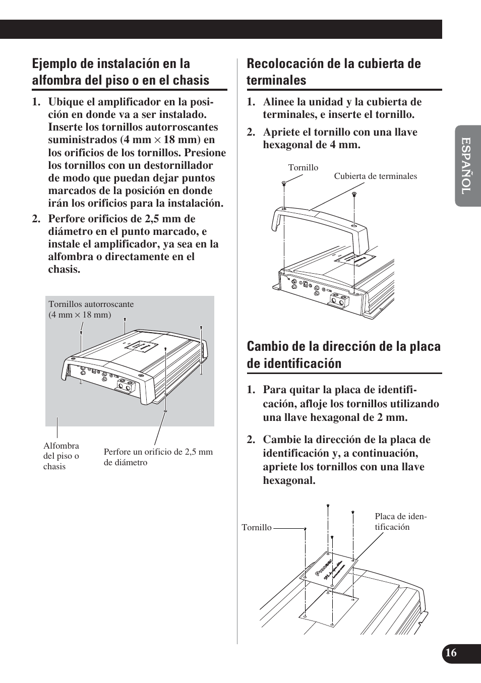 Ejemplo de instalación en la alfombra, Del piso o en el chasis, Identificación | Recolocación de la cubierta de terminales | Pioneer D1200SPL User Manual | Page 35 / 128