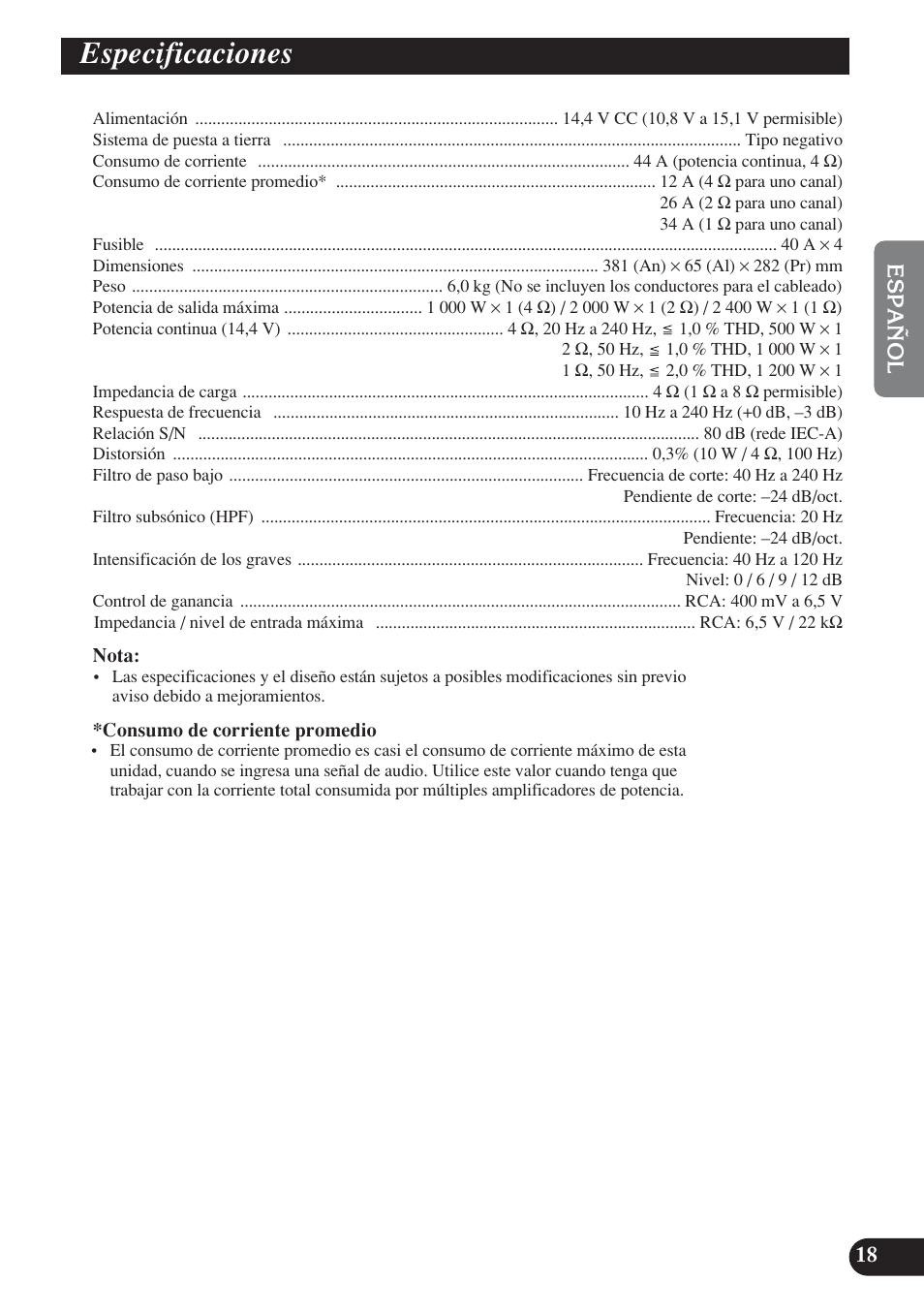 Especificaciones | Pioneer D1200SPL User Manual | Page 37 / 128