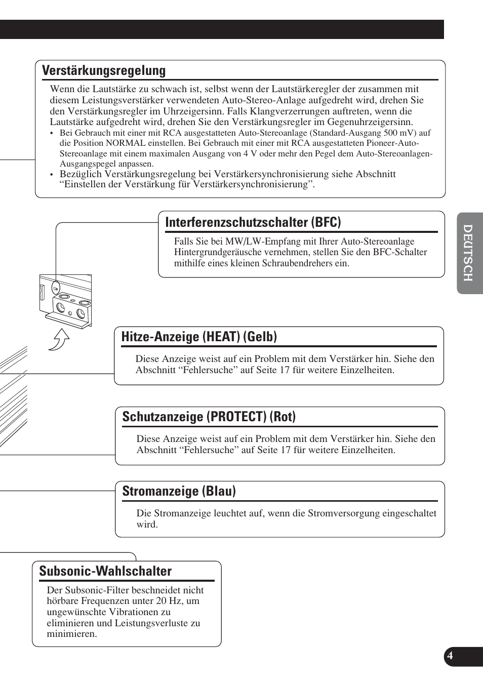 Verstärkungsregelung, Stromanzeige (blau), Interferenzschutzschalter (bfc) | Subsonic-wahlschalter, Schutzanzeige (protect) (rot), Hitze-anzeige (heat) (gelb) | Pioneer D1200SPL User Manual | Page 41 / 128