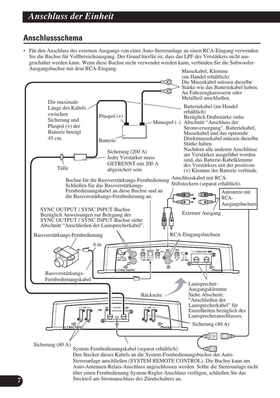 Anschlussschema, Anschluss der einheit | Pioneer D1200SPL User Manual | Page 44 / 128