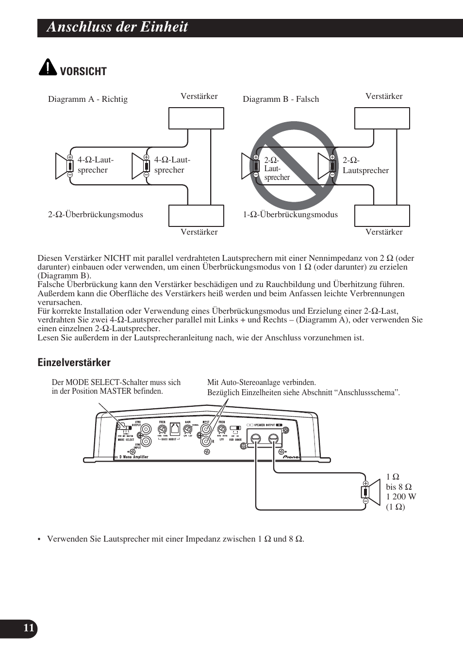 Anschluss der einheit, Vorsicht, Einzelverstärker | Pioneer D1200SPL User Manual | Page 48 / 128
